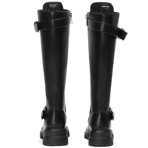 Women Platform Combat Knee High Boots Lace Up Lug Sole Riding Boots Buckle Motorcycle Boot with Zipper Fall3