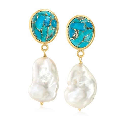 Ross-Simons 7-11mm Cultured Barque Pearl and Turquoise Drop Earrings in 18kt Gold Over Sterling