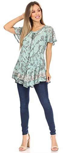 Image of Sakkas Ash Speckled Tiedye Embroidered Cap Sleeve Blouse Top with Embroidery Hems