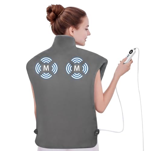 DAILYIFE Heating Pad with Massager for Neck and Shoulders, Wearable Electric Heating Pads for Back Pain Relief, 6 Heat Settings, 4 Massage Modes, Large Size, Auto-Shut Off, UL Certified, Grey
