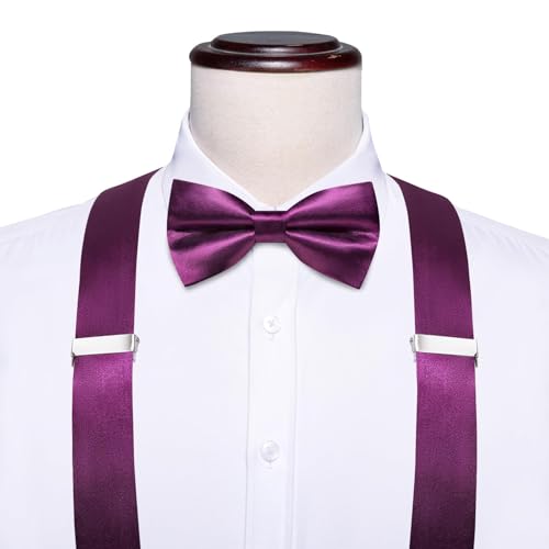 Image of Hi-Tie Men Suspender Bowtie Set Suspenders Pre-tied Bow Tie Pocket Square Cufflinks Adjustable Y Shape 6 Clips Braces Tuxedo