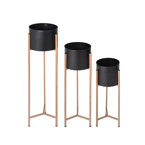 Image of Urbane Home Planter | Gamla Stand for Home | Plant Stand for Living Room | Planter Pot Stand for Outdoor | Plant Stand for Home | Metal Floor Tall Indoor Plant Stand | Set of 3 | Black