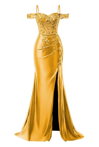 Image of Mermaid Satin Prom Dresses 2026 Lace Applique Off Shoulder Formal Evening Gown with Slit