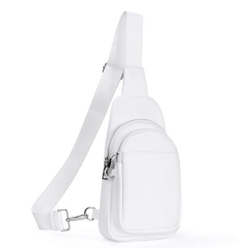 befen White Genuine Leather Small Sling Bag for Women, Women's Anti-Theft Crossbody Purses Fanny Packs Chest Bags for Travel with RFID Card Slots