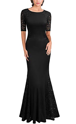 FORTRIC Women Short Sleeves Lace Wedding Party Bridesmaid Maxi Dress Black S