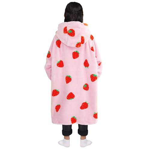Image of Waitu Wearable Blanket for Kids, Wearable Blanket Hoodie Gifts for Teens Girls and Boys, Warm Blanket Sweatshirt for Teenage, Hoodie Blanket with Sleeves - Strawberry Pink