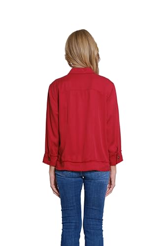 MULTIPLES Women's Cuffed 3/4 Sleeve Drop Shoulder 2-Pocket Button Front Fringe Trim Jacket2