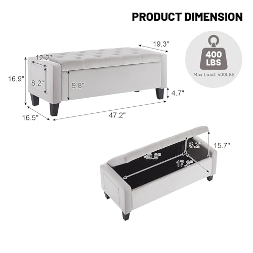 Image of Virabit Velvet Storage Ottoman Bench for Bedroom, End of Bed Bench with Button, Organizer Storage Chest, Upholstered Foot Rest with Legs, Load up to 400 lb, for Bedroom, Living Room, Entryway, Grey
