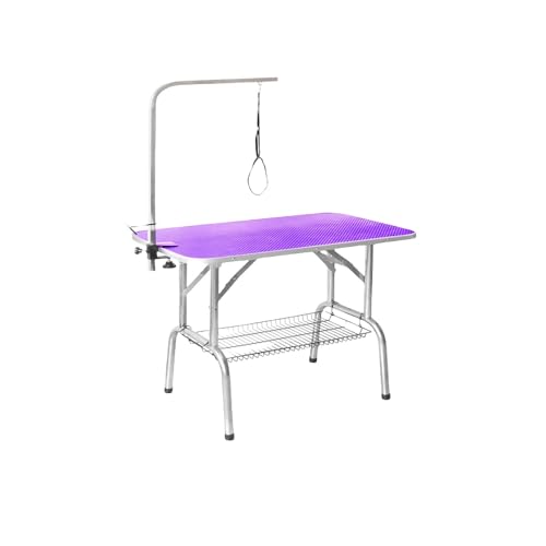 Vollebo小型犬から大型犬まで対応の肘掛け付き折りたたみトリミングテーブル、犬・ペット用グルーミングテーブル、入浴用グルーミングテーブル(ベース110cm×60cm) (パープル,大きいサイズ)