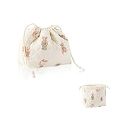 Drawstring Makeup Bag - Cute Bear Quilted Bag for Women, Collapsible Travel Cosmetic Organizer with Large Capacity, Cotton Toiletries Holder