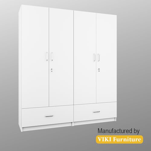 Image of VIKI Wardrobe | Wooden Almirah for 4 Door Wardrobe with 2 Split Drawer & Hanging Space (Frosty White - 40D x 160W x 180.8H) | 1 Year Warranty | Free Assembly