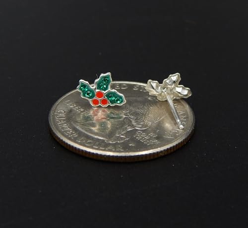 925 Sterling Silver Christmas Holly Leaf with Red Green Crystal Tiny Ear Studs Earrings for Small Earlobe or Second Ear Piercings 427763