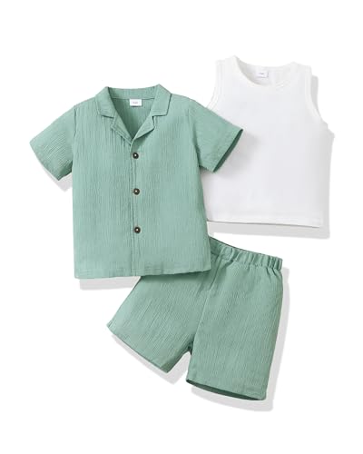 Image of Toddler 3t Boy Clothes Short Sleeve Button Down Shirt And Shorts With Vest Summer Fashion Beach 4t Boy Outfits Causal Solid Green Shirt Kid Clothing Set