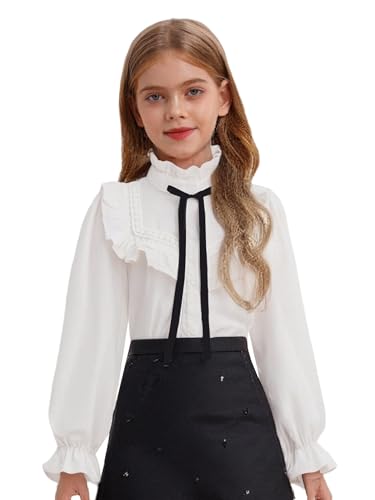 Kids Girls School Uniform Shirts Puff Long Sleeve Princess Lace Ruffle Collar Bowtie Button Down Blouse Tops