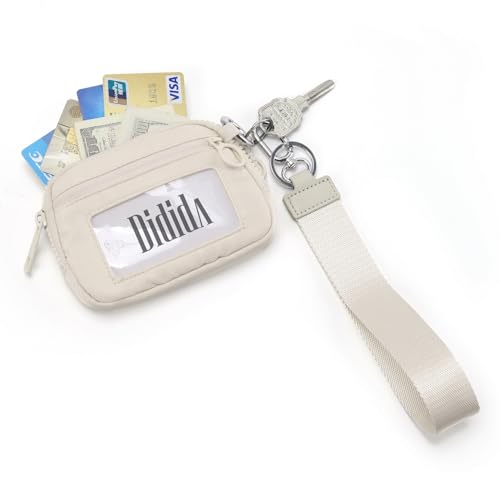Image of The Iris Wallet Zipper Mini Coin Purse Keychain ID Holder Wallet | Zip Card Case with ID Window Purses for Women Mini Portable Keychain Wallet,Beige with Lanyard