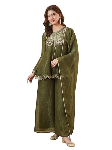 Image of MOKOSH Women's Silk Embroidered Peplum Kurta Sharara with Dupatta | Kurta Set | Ethnic Wear |Round Neck Full Sleeve Kurta | 3 Piece Outfit |Embroidered