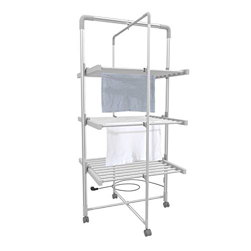 Leogreen - Sèche-Linge Electrique, Séchoir à Vêtements, 3 étagères, Blanc, with Wheels, Dimensions du Produit replié: 143 x 72 x 9 cm, Longueur du câble: 1,2 m