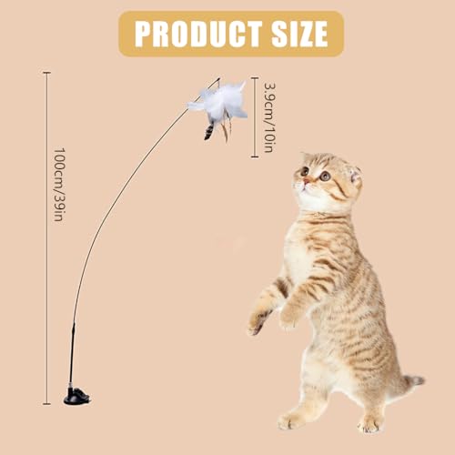Image of Qpets Cat Teaser Wand Feather Suction Cup Interactive Indoor Felines | Interactive Play, Helps Engage Indoor Cats, Feather Attachment, Suction Cup Base, Flexible Wand