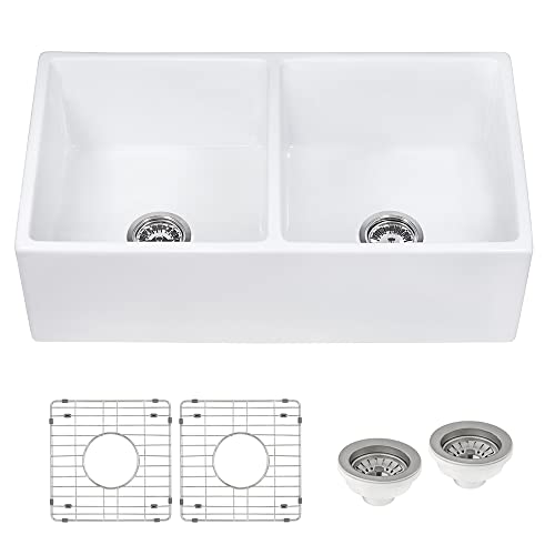 Ruvati 33-inch Fireclay Farmhouse Sink Double Bowl in White