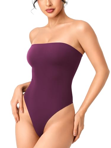 YEOREO CoreFlex Strapless Bodysuit Tube Top Off Shoulder Double Lined Thong Bodycon Slim Fit Summer Sexy Leotard Deep Raspberry-M