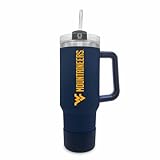 Campus Colors College & University 40 OZ Travel Tumbler with Handle - Dual Option Lid with Straw - Vacuum Insulated Stainless Steel (West Virginia Mountaineers - Navy)