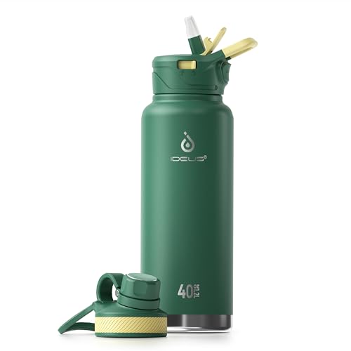 IDEUS Insulated Stainless Steel Water Bottle with 2 Leak-Proof Lids, Thermal Water Flask for Hiking Biking, 40oz, Green