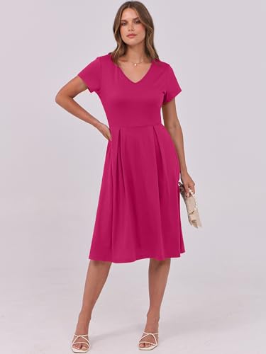 Image of ANRABESS Women Summer Dress Casual Short Sleeve V Neck A-Line Knee Length Pleated Flowy 2026 Fashion Midi Dresses with Pocket