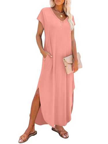 Image of RUMIA Summer Maxi Dresses for Women Cap Sleeve Long Sundress with Pockets