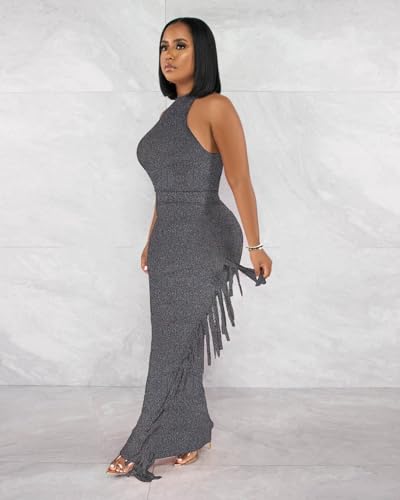Image of 2 Piece Outfits for Women Sexy Halter Neck Sleeveless Crop Tops Ruched Bodycon Dresses Jumpsuits Fringe Skirt Sets
