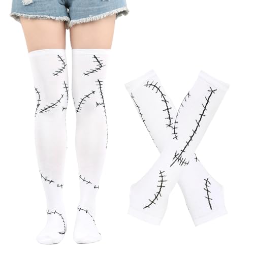 Image of SherryDC Womens Girls Cosplay Rainbow Striped Knee High Socks Leg Arm Warmer Fingerless Gloves Set