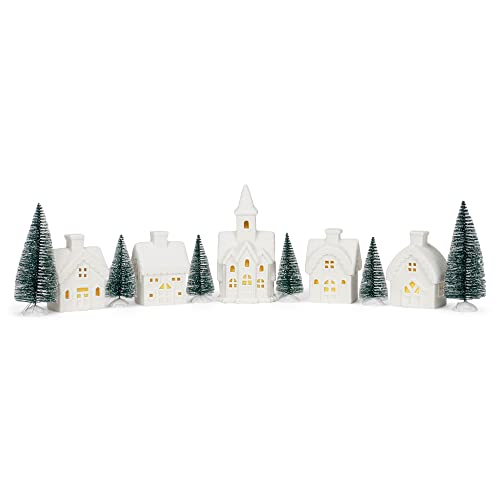 Mark Feldstein & Associates Winter Village with Barn White Unglazed Porcelain Holiday Pre Lit LED Figurines, Set of 11, 5 Inch