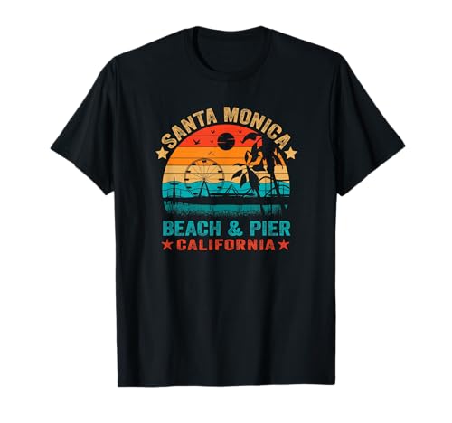 Retro Santa Mónica California USA Playa Muelle Océano Atardecer Camiseta
