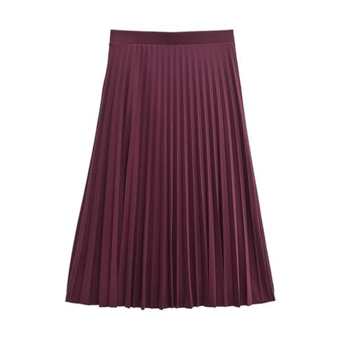 Women Wine Red High Waist Pleated Midi Skirt Office Wear Temperament Midi Skirt3