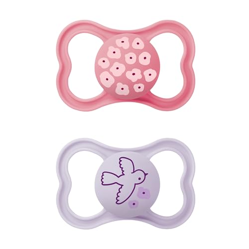 MAM Supreme Chupete para bebé, crecimiento sano de los dientes y la mandíbula, previene la irritación de la piel, con caja para chupete, 6-16 meses, flores y pájaros, 2 unidades