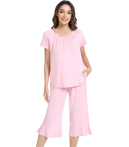 Image of NACHILA Pajamas for Women-Viscose Made from Bamboo,Short Sleeve Sleepwear Cooling Pjs Top with Capri Pants Pajama Sets