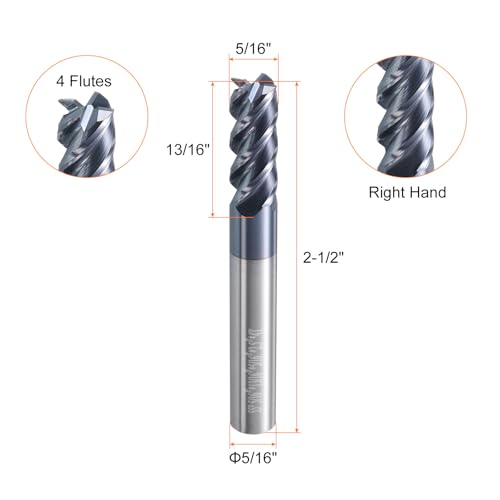 Image of HARFINGTON 5pcs Carbide Square Nose End Mill Bit 5 /16 inch Cut Dia 4 Flutes TiAlN Coated Milling Cutter for Hardened Steel Metal (5 /16 inch Shank 13 /16 inch Cut Length 2-1 /2 inch Long 45 Degree HRC49-51)