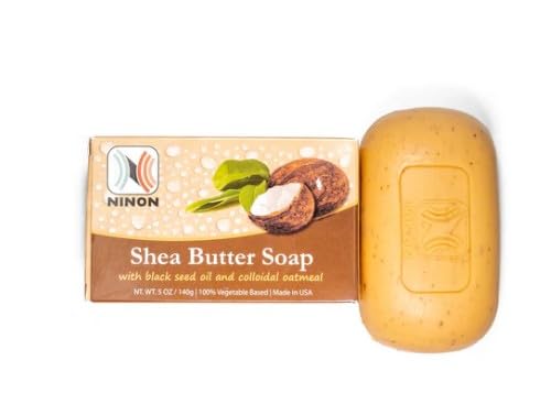 Ninon Shea Butter Soap Bars (5oz)- 6 PACK Made With 100% Natural Pure Vegetable Oils; African Shea Butter, Black Seed Oil and Colloidal Oatmeal; Ultra Moisturizing; Made In USA