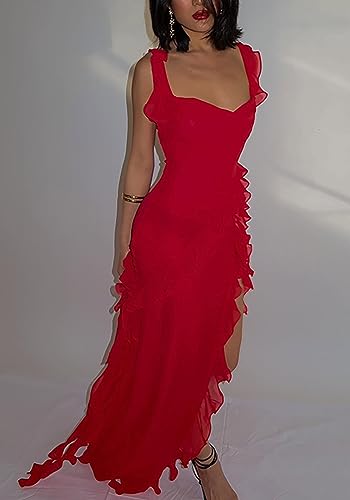 Ecirod Womens Spaghetti Strap High Slit Bodycon Maxi Dress Square Neck Backless Party Club Dresses