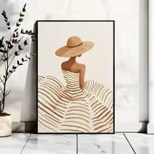 BMGKYAGL Minimalistyczny plakat na płótnie "Kobieta z kapeluszem przeciwsłonecznym", neutralny beżowy obraz ścienny w stylu bohemy do sypialni i salonu (30 x 45 cm/rama wewnętrzna)