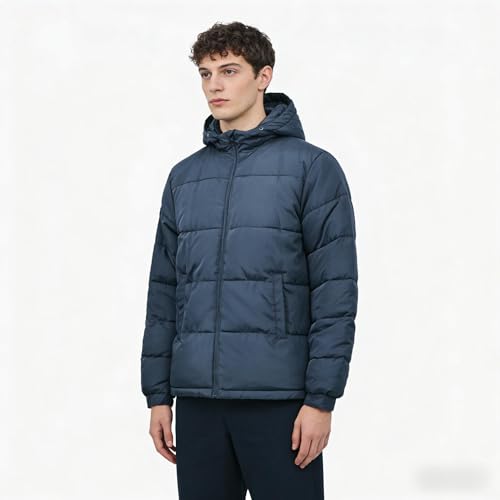 Image of Men's Hooded Puffer Jacket Down Alternative Lightweight Warm Coat Stand Collar Winter Insulated Quilted Coat