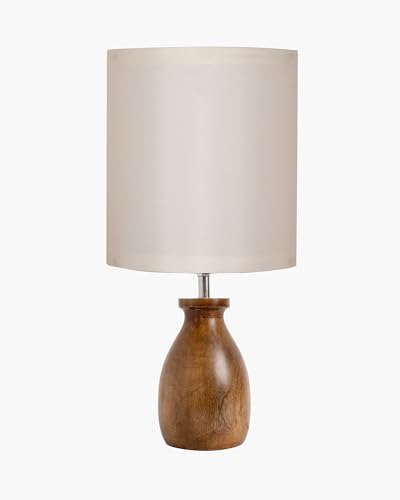 Image of Homesake Wooden Table Lamp Bedside & Living Room Lamp | E27 Holder, Bulb Included | Warm Light | Desk Nightstand Light, Decorative Lamp for Bedroom, Study & Home Decor (KD Off-White Drum)