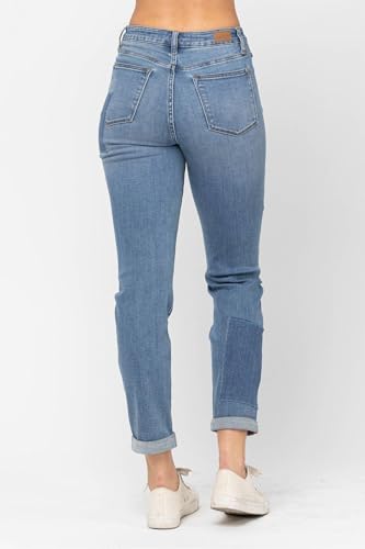 Judy Blue High Waist Double Rolled Cuff Patch Boyfriend Jeans for Women - 884994