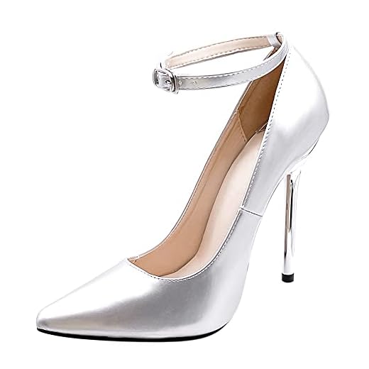 Liujiami Kvinnor Spetsiga Tå Stilettos Skor - Damer Pumps Högklackat 13cm Stilettklack Elagant Ankelband Brud Bröllop Festklänningskor Silver,42 EU