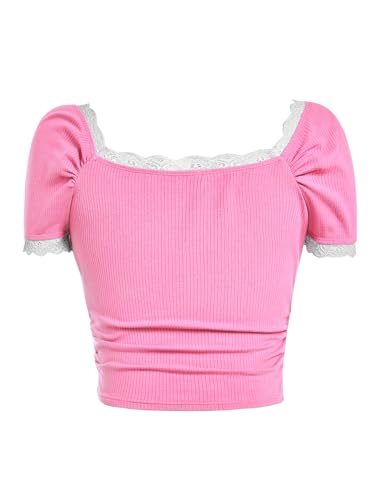 Milumia Girl's Cute Y2K Ribbed Lace Trim Bow Short Sleeve T-Shirts Ruched Square Neck Tee Tops2