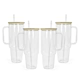 AGH 40oz Sublimation Glass Tumbler with Handle, 4pcs Clear Sublimation Glass Cups Blanks with Bamboo Lid & Plastic Straw, Reusable Iced Coffee Cup Fits in Car Cup Holder
