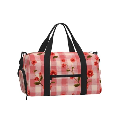 Bolsa de mano para gimnasio y yoga con diseño de flores y cuadros rojos