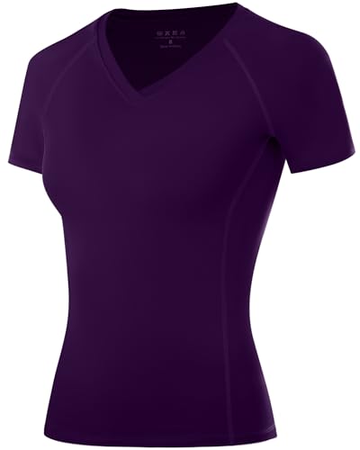 Roadbox Women's Compression Shirt Short Sleeve V Neck Workout Tops Quick Dry Athletic Gym Base Layer for Yoga Running Sports Deep Purple