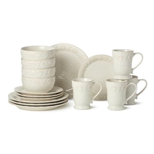 Coastline Cream 16-Piece Stoneware DINNERWARE SET SERVICE for 4 with embossed coastal shells and starfish detailing durable beach house tableware for relaxed coastal living and everyday dining