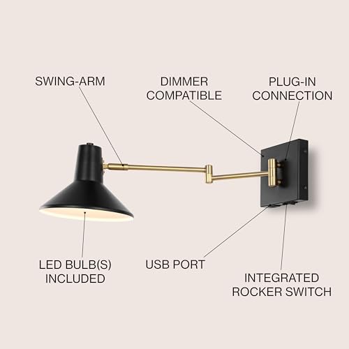 Image of JONATHAN Y 16 inch Black /Brass Gold 1-Light Modern Swing Arm Sconce with USB Port, Plug-in Midcentury LED Bedside Lamp with White Iron Shade for Bedroom Living Room (JYL1302B)