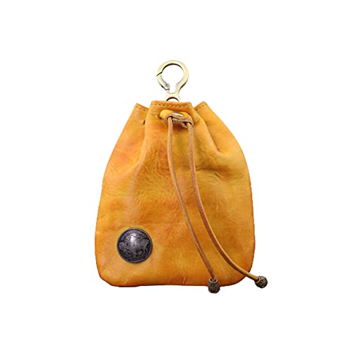 Genuine Leather Coin Purse Small Coin Purse Key Bag Mini Wallet with Pull Cord Style Coin Pouch for Women Men(Yellowish-brown)